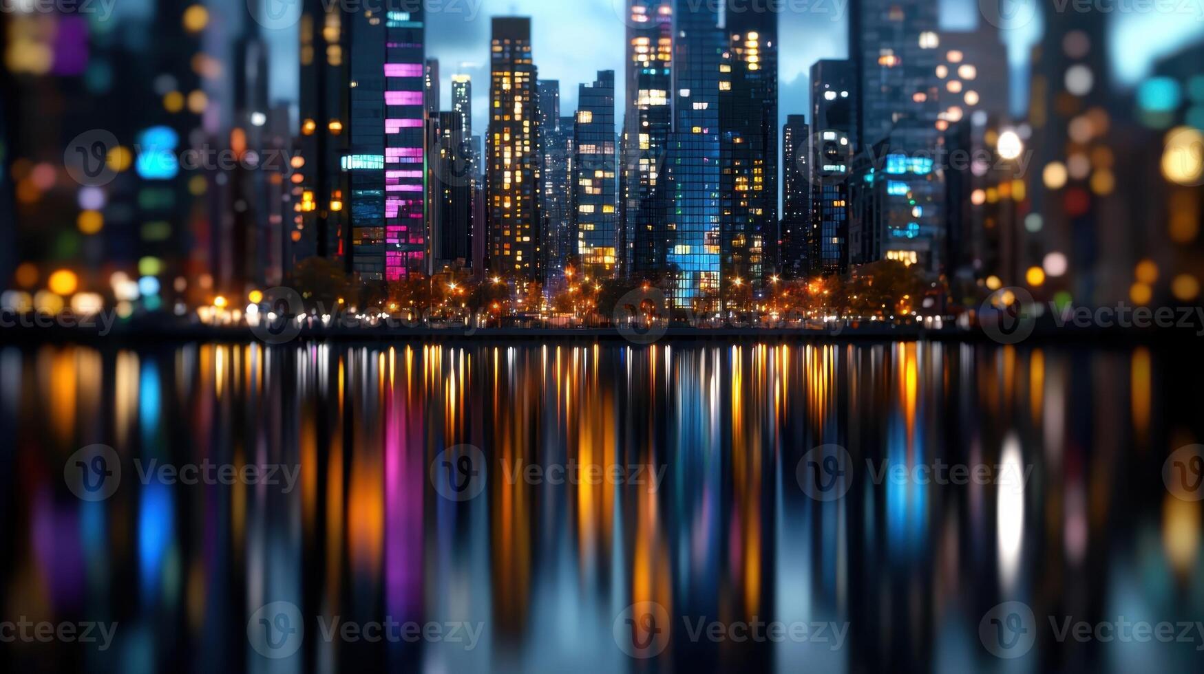 City lights reflected in water at night photo