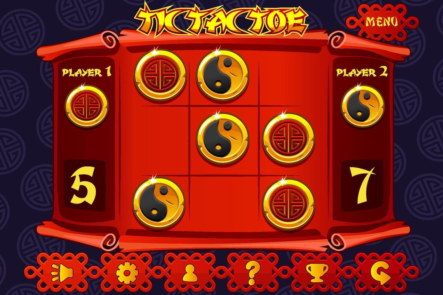 TIC TAC TOE game UI in Chinese themed. Chinese icons- yin yang and lucky coins. Board logic game for your game development UI. strategy game noughts and crosses vector