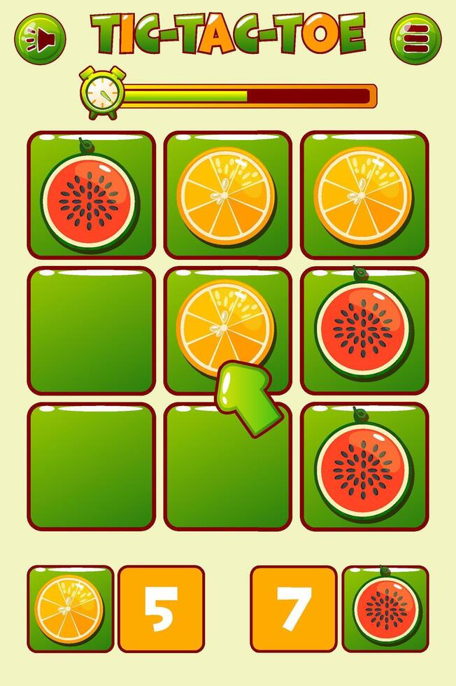 Game interface Tic-Tac-Toe in FRUITs themed for your 2D game design. two players- watermelon and orange. Board logic game UI. strategy game noughts and crosses, vector