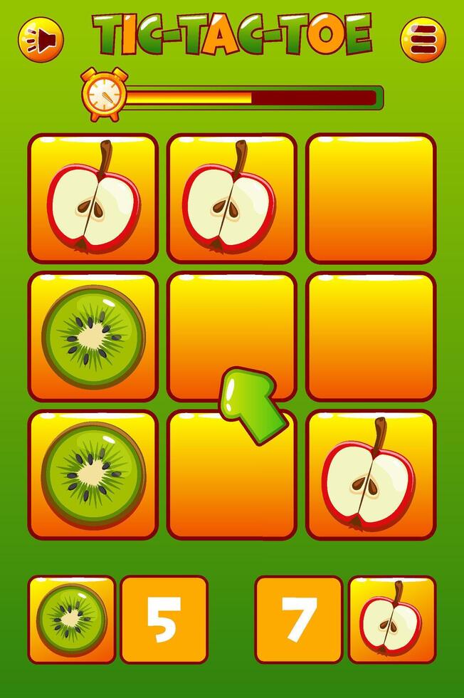Game interface Tic-Tac-Toe in FRUITs themed for your 2D game design. two players- apple and kiwi. Board logic game UI. strategy game noughts and crosses. vector
