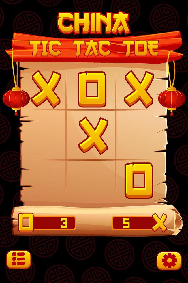 TIC TAC TOE UI in Chinese themed. Chinese scroll board. Board logic game for your game development UI. strategy game noughts and crosses vector