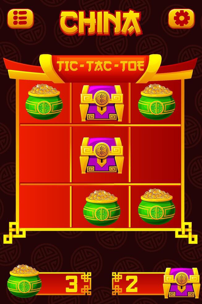 TIC TAC TOE UI in Chinese themed. Chinese icons- Treasure chest and pot of coins. Board logic game for your game development UI. strategy game noughts and crosses vector