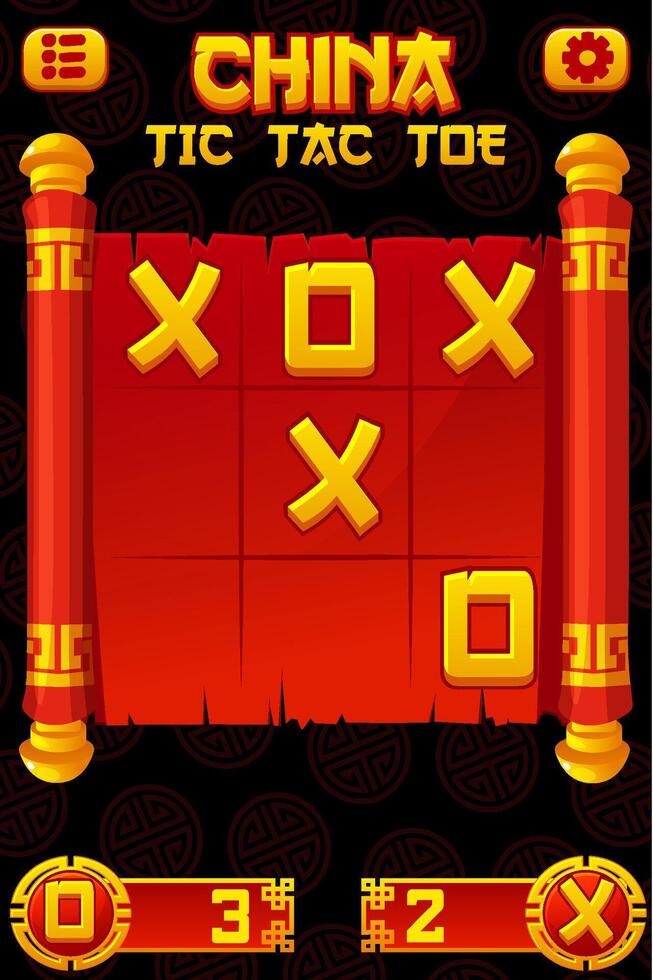 TIC TAC TOE UI in Chinese themed. Chinese red scroll. Board logic game for your game development UI. strategy game noughts and crosses vector