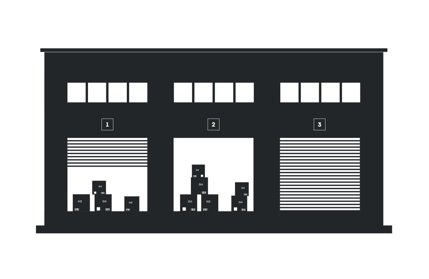 Black silhouette icon of warehouse with boxes on white background. Logistics, export concept. vector
