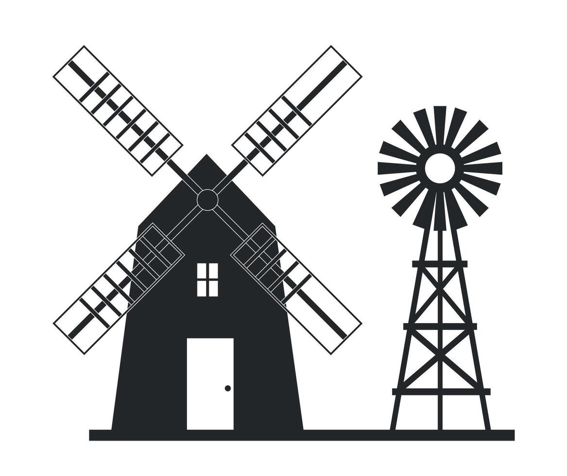 Windmills buildings black silhouettes icon on white background. Agriculture, farming. vector