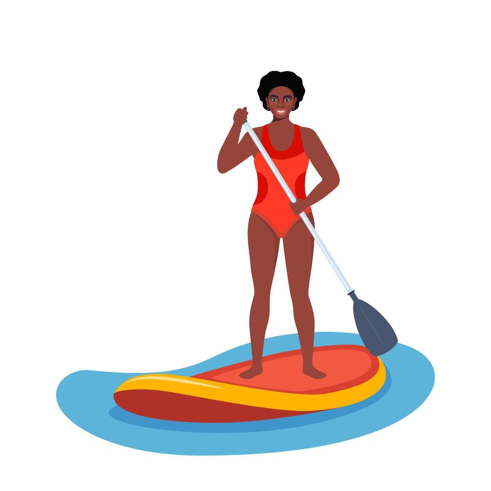 Happy black woman holds a paddle in his hands and stands on a sup board. Summer active rest on the sea or river. Sup boarding. illustration. vector