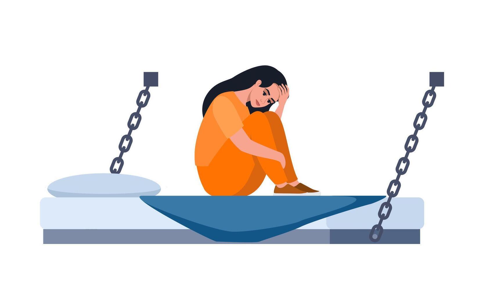Girl in prisoners cell. Serving time for crime. Violation of law. Girl in orange uniform on bunk. Jail interior. Convicted lawbreaker sitting on bed. illustration. vector