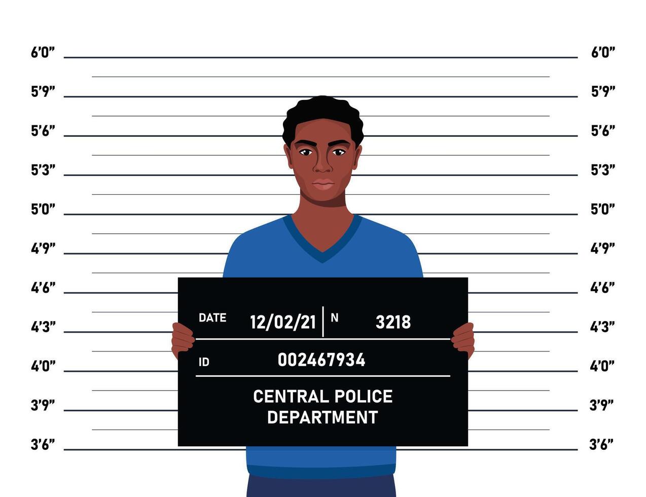 Criminal mugshot front view on measuring scale background in police station. Arrested man posing for identification photo. illustration. vector