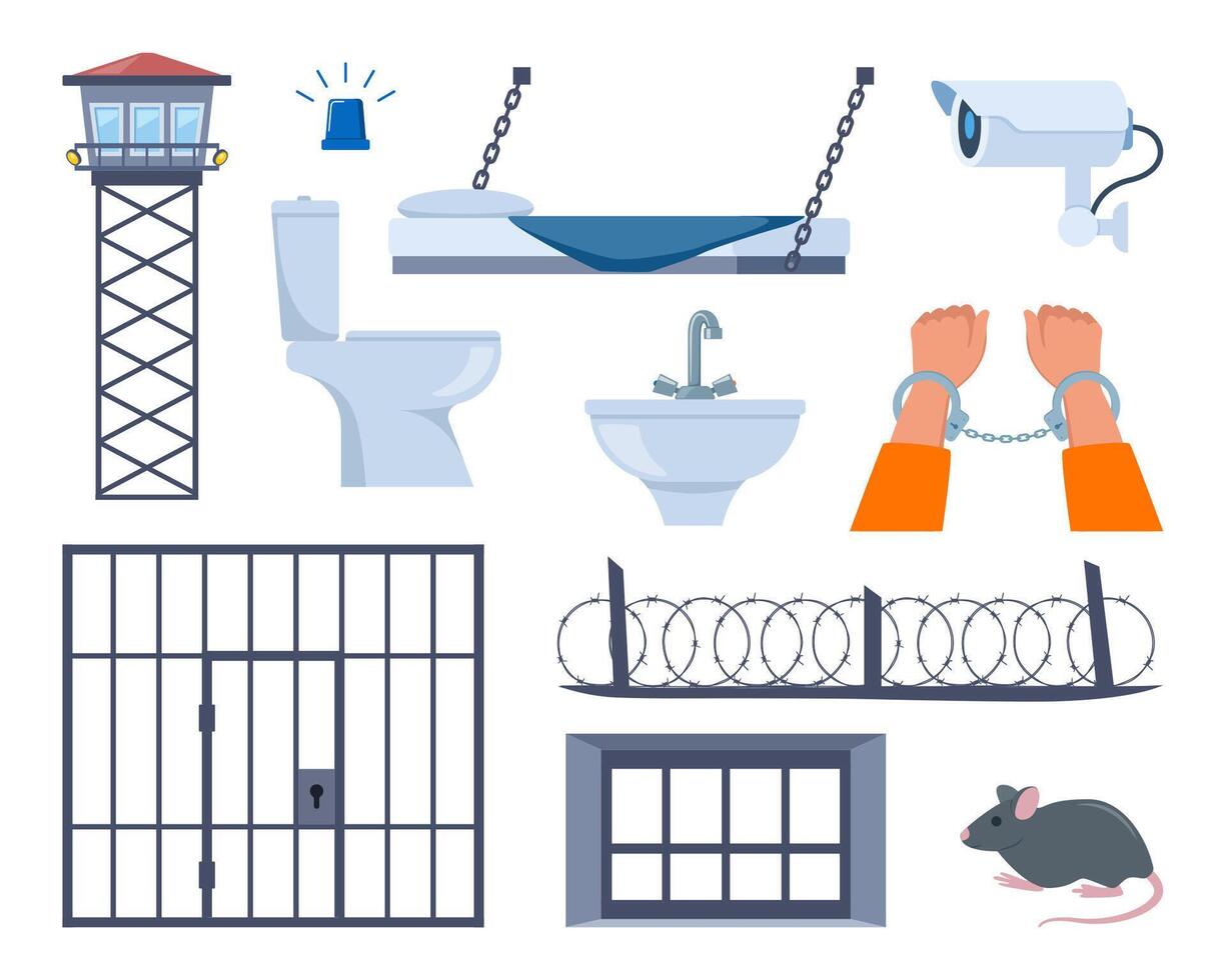 Prison elements. Observation tower, bed, window, prison bars, toilet bowl, sink, jail cell, rat, barbed wire, hands in handcuffs, security camera. Penitentiary system concept icons. . vector