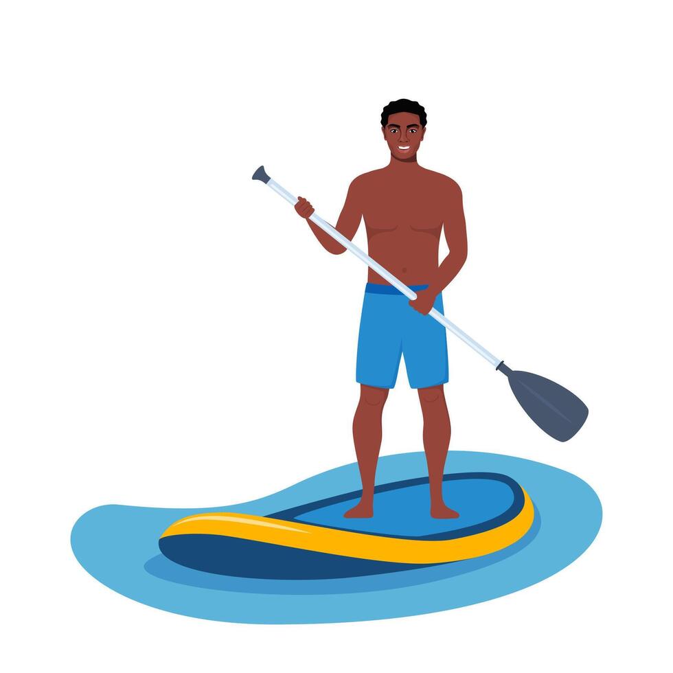 Happy black man holds a paddle in his hands and stands on a sup board. Summer active rest on the sea or river. Sup boarding. illustration. vector