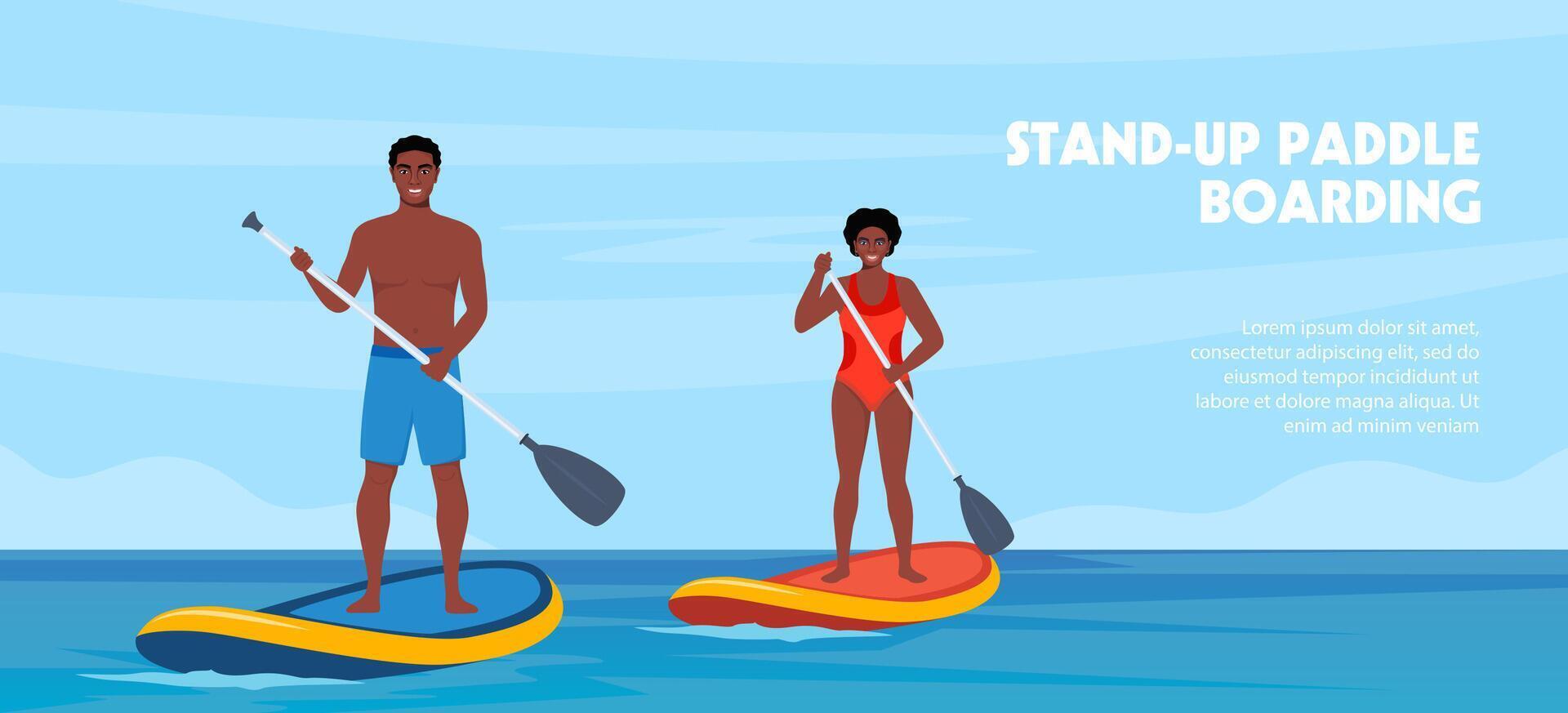 Sup boarding event poster design. Black man and woman standing on sup boards on water, holding oar and swims. Advertising of sports school, teaching to ride SUP. illustration. vector