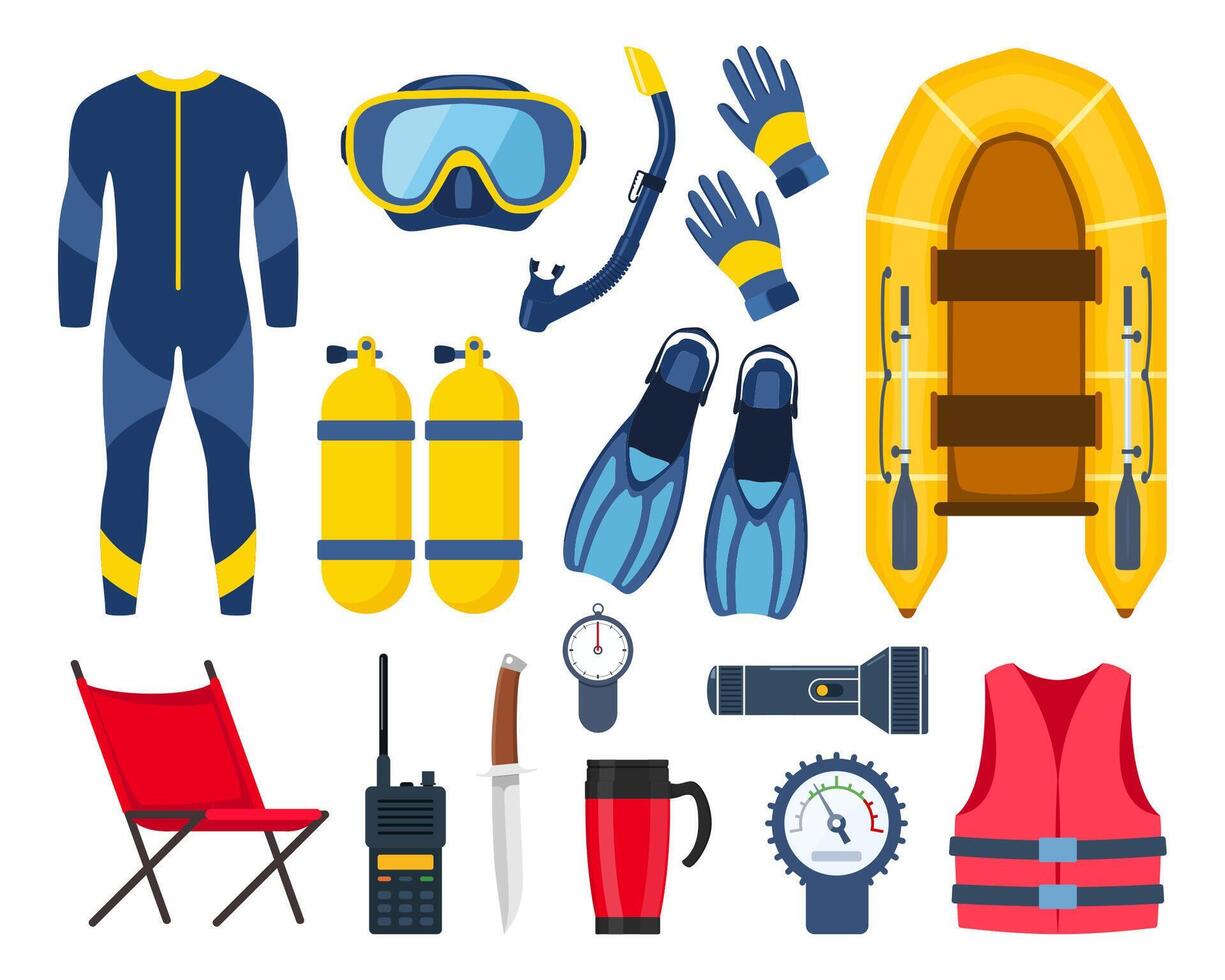 Scuba diving gear and accessories. Diver, aqualung, oxygen cylinders, wetsuit, scuba mask, snorkel, boat, camp, vest, flippers, life jacket, fins, boat, etc. illustration vector
