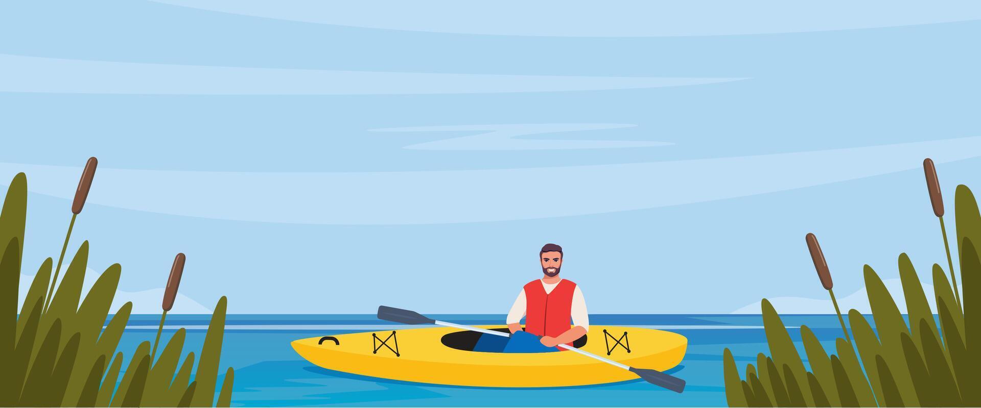 Man rowing with paddles in kayak, side view. Guy in life jacket rafting in sport boat with oars. Extreme water activity. illustration. vector