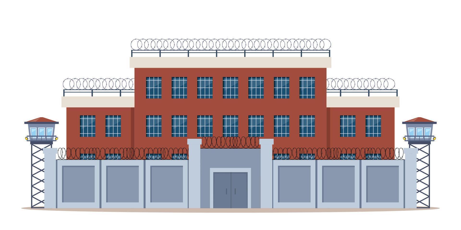 Prison building surrounded by high fence with barbed wire metallic border. Jail house with observation towers for prisoners. Punishment and judgement for crime. Illustration. vector