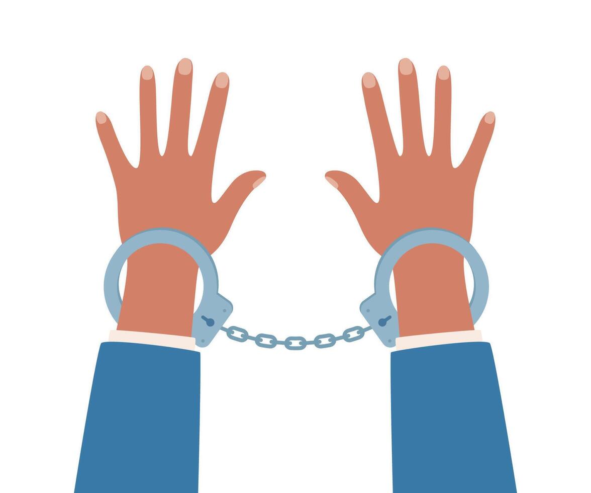 Human hands in handcuffs. Arrested man in a metal handcuffs. Concept of arrest. Crime, corruption. illustration. vector