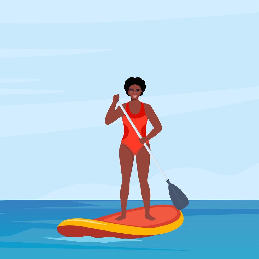 Black woman holds a paddle in his hands and stands on a sup board. Summer active rest on the sea or river. Sup boarding. illustration. vector