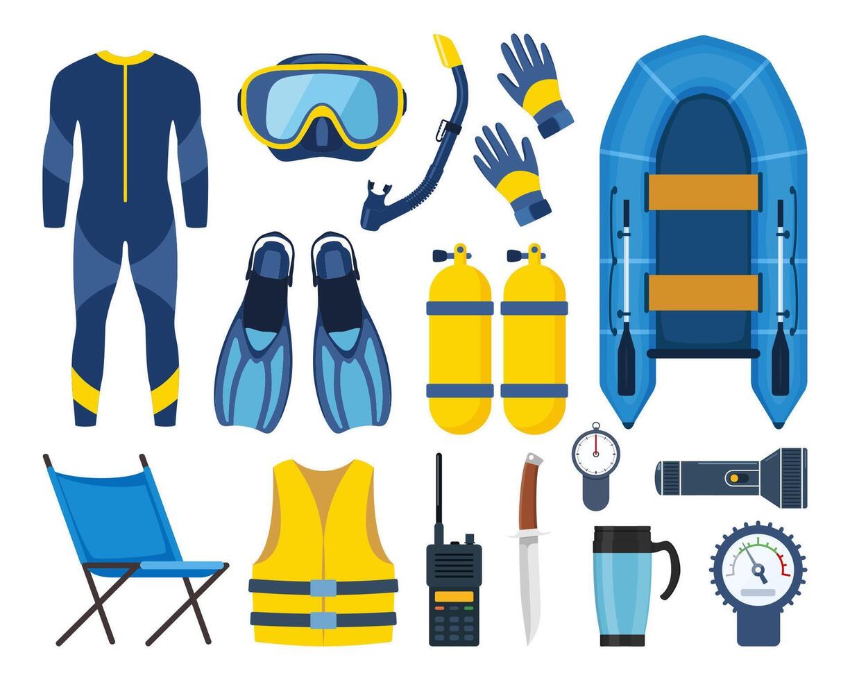 Diving gear. Diver, aqualung, oxygen cylinders, wetsuit, scuba mask, snorkel, boat, camp, vest, flippers, life jacket, fins, boat, etc. illustration vector
