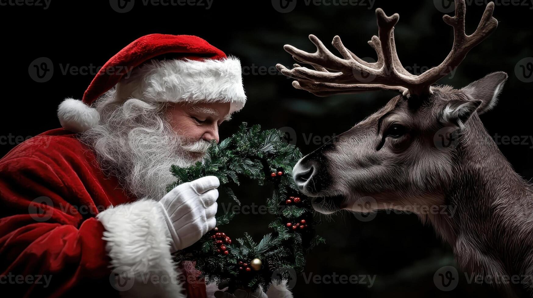 A santa dressed in red and white is holding a wreath and kissing a deer photo