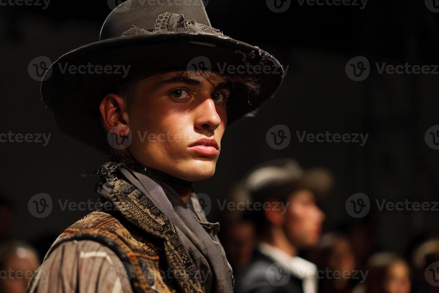 A man in a hat and vest stands in front of a crowd photo