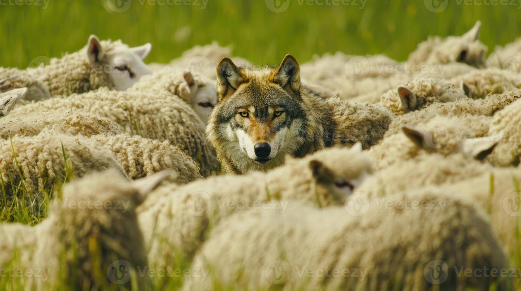 Wolf in a flock of sheep photo
