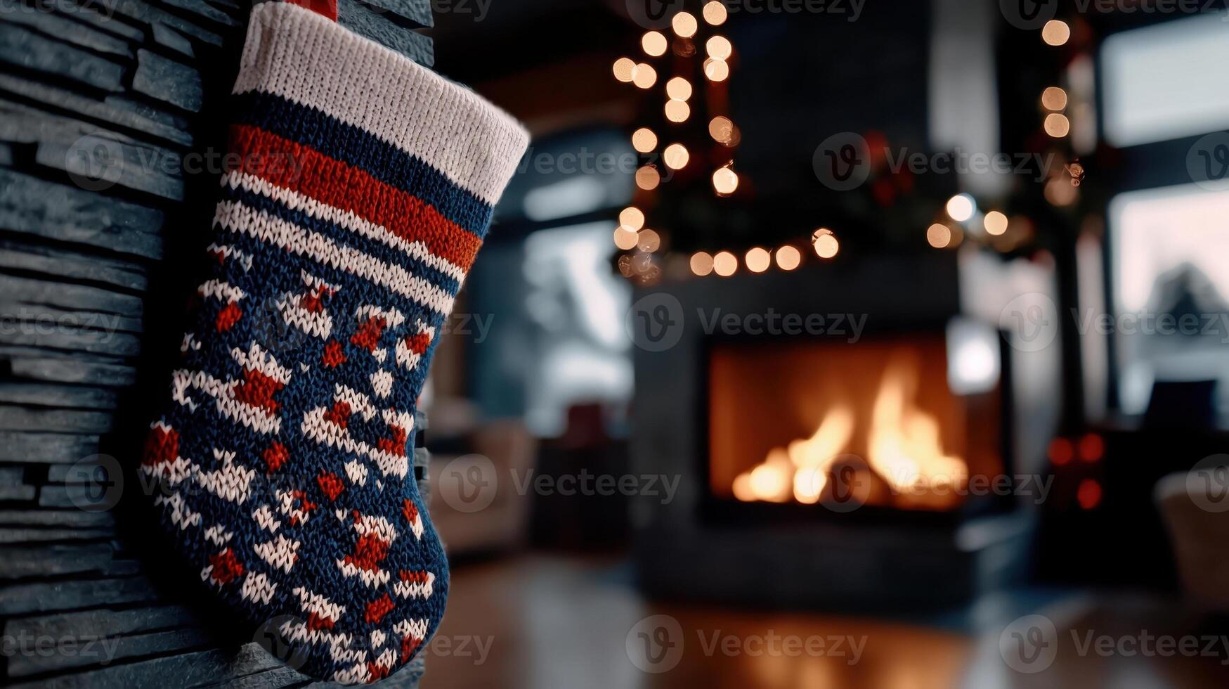 A christmas stocking hanging on a fireplace photo
