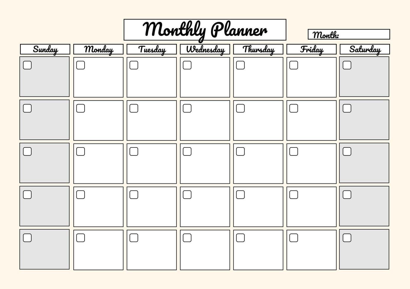 A minimalistic monthly planner template with a checklist for each day, perfect for organizing tasks and schedules. vector