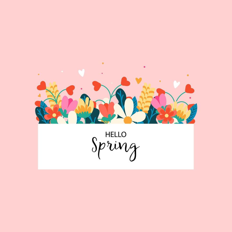A bright illustration with the phrase surrounded by flowers in a flat style. A spring minimalist design with tulips, daffodils, and decorative elements on a pastel background. vector