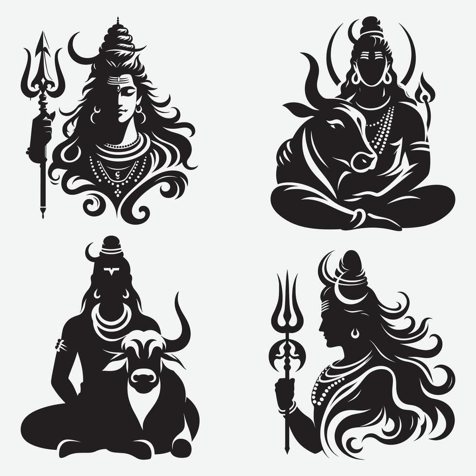Detailed Hindu God Lord Shiva Silhouette Artwork Set for Festival Celebrations vector