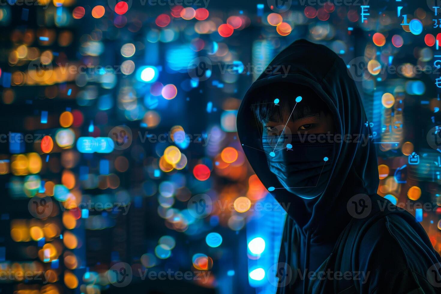A man in a hoodie and mask standing in front of a cityscape photo