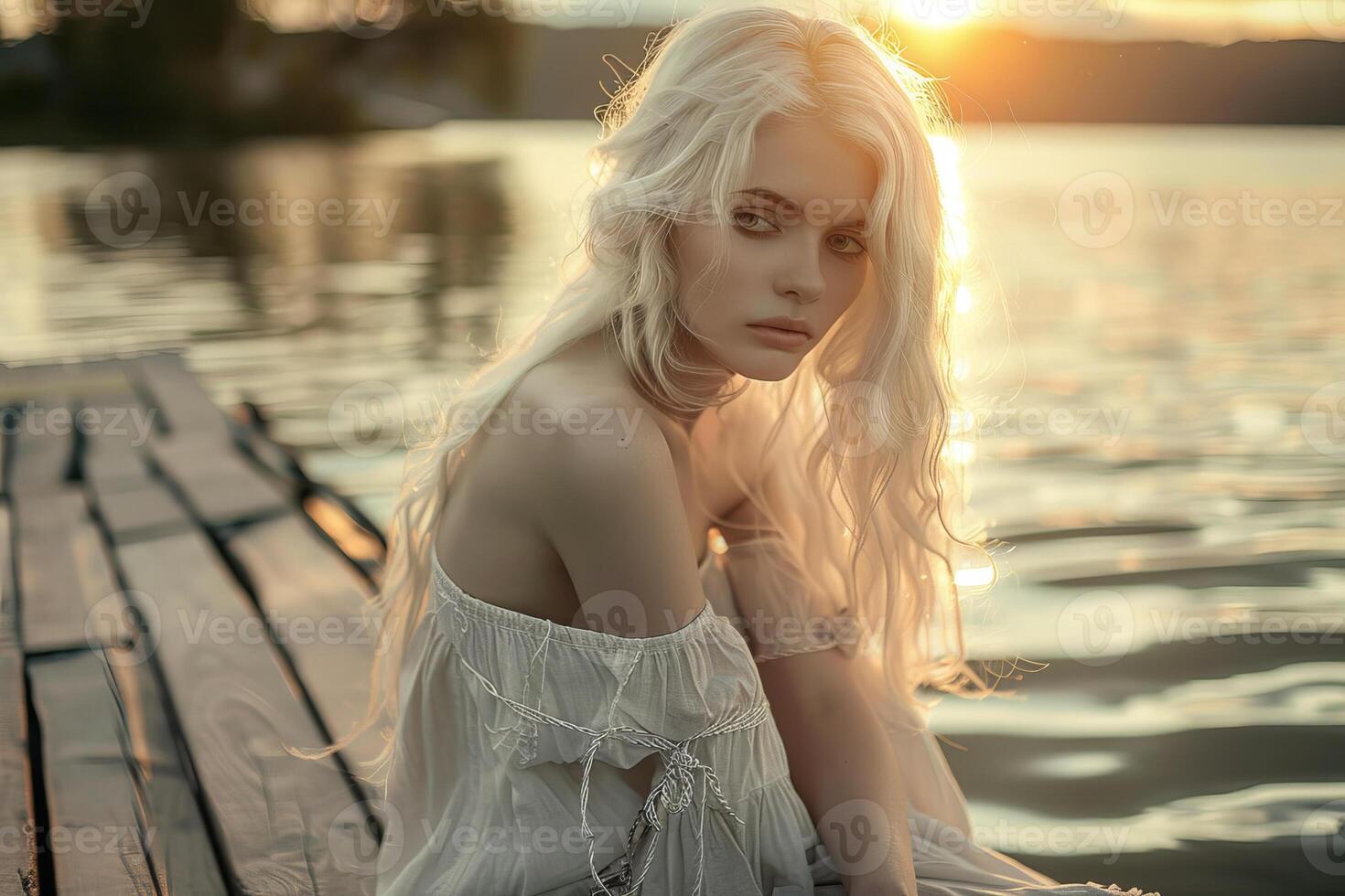 A beautiful blonde woman sitting on a dock at sunset photo