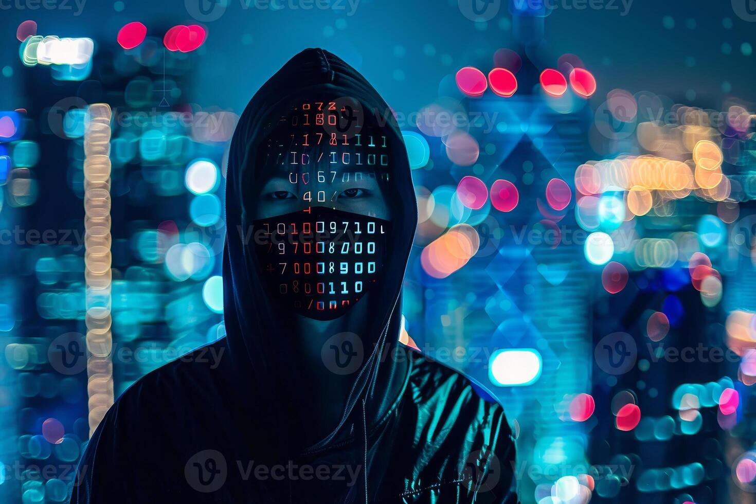 A person wearing a hoodie with a cityscape in the background photo