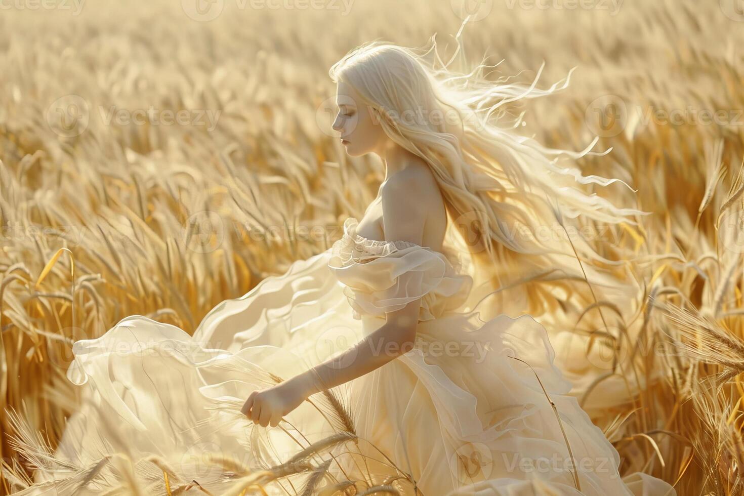 A woman in a white dress walking through a wheat field photo