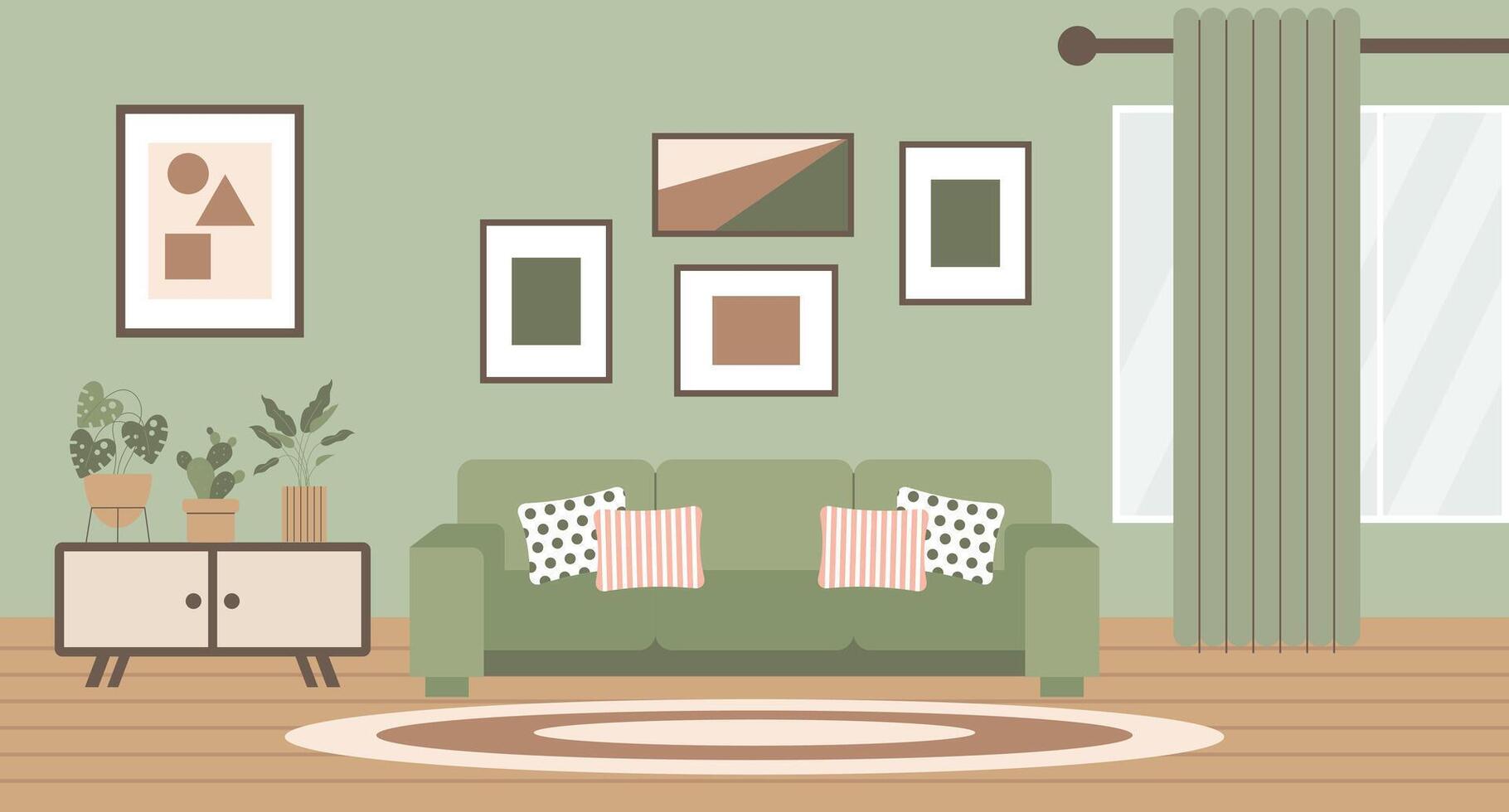 Living room interior with sofa, bookshelf, coffee table, home plants and picture frames. Modern design, illustration vector