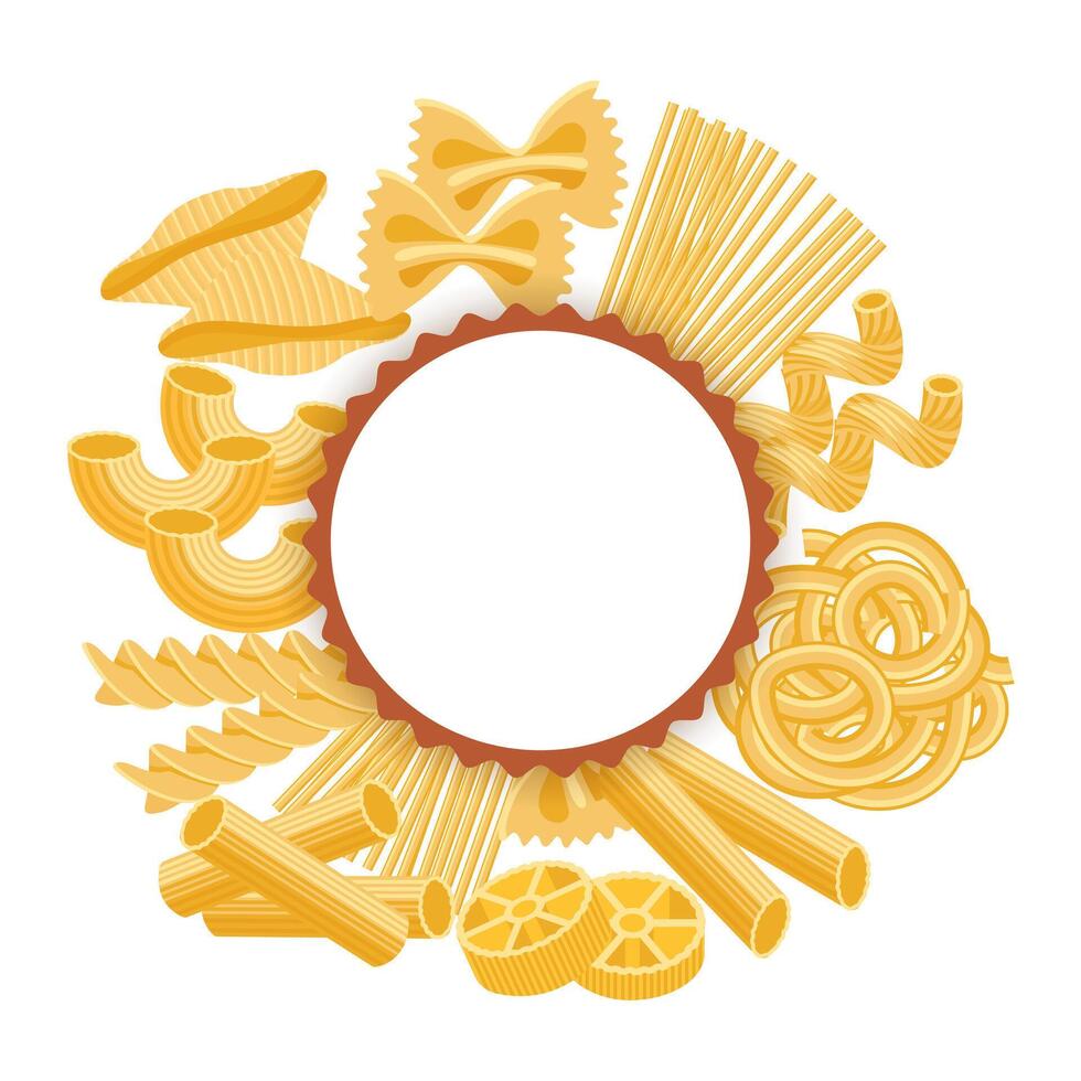 Round frame with different types of traditional pasta on white background. Italian pasta set, label, restaurant menu. Food illustration. vector