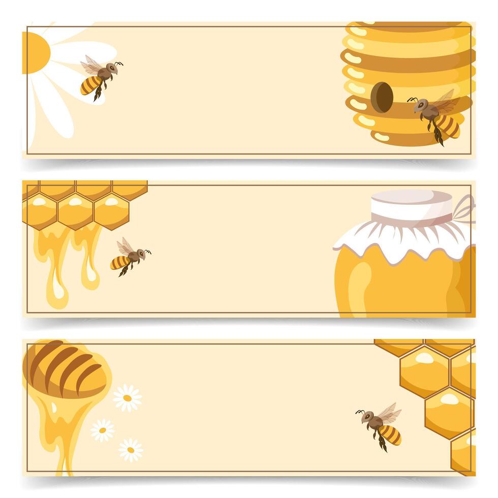Set of honey bee organic natural product banners with bees, daisy and honeycombs. Banners with bees and honeycombs. vector