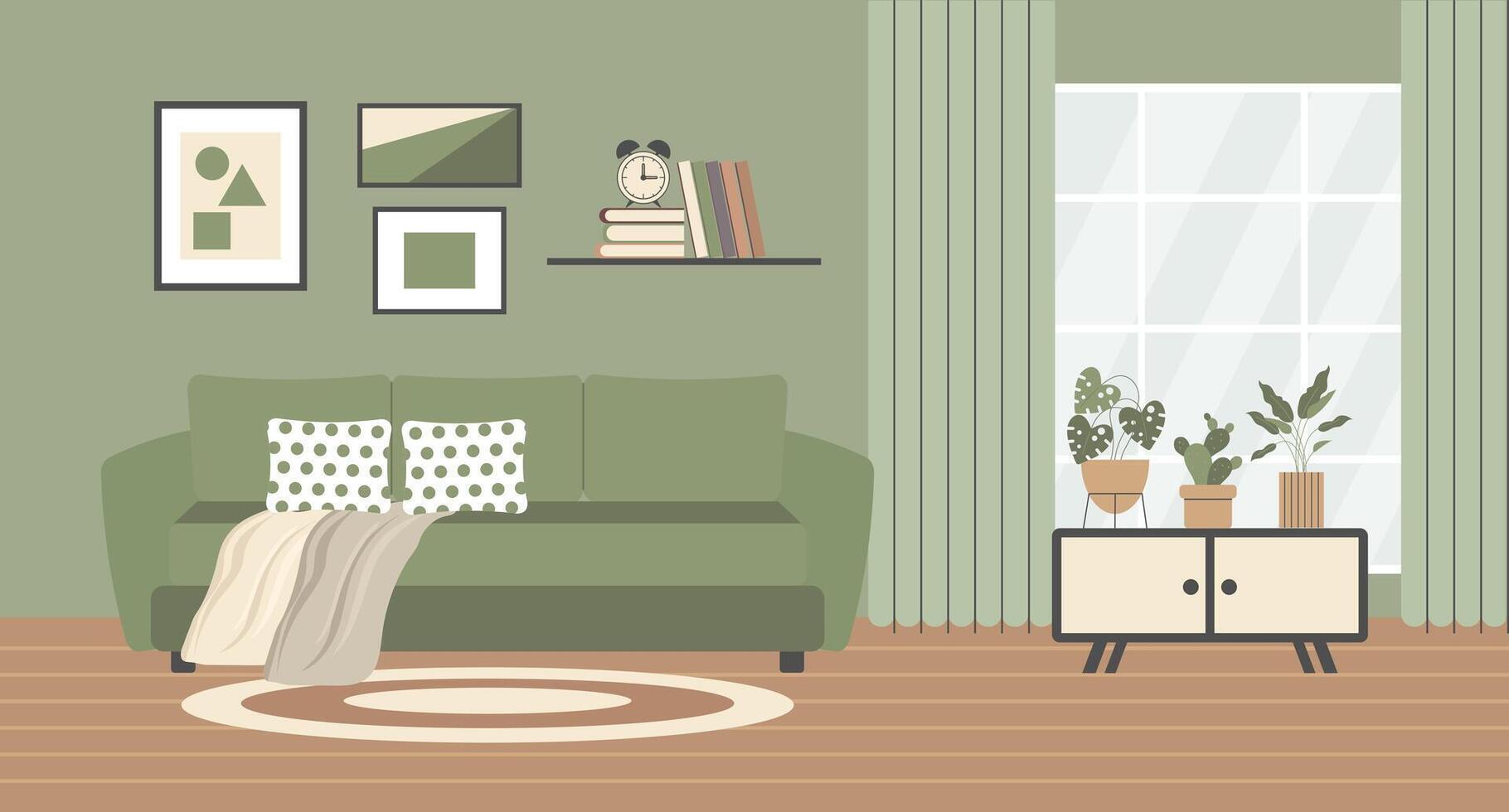 Living room interior with sofa, bookshelf, coffee table, home plants and picture frames. Modern design, illustration in flat style. vector