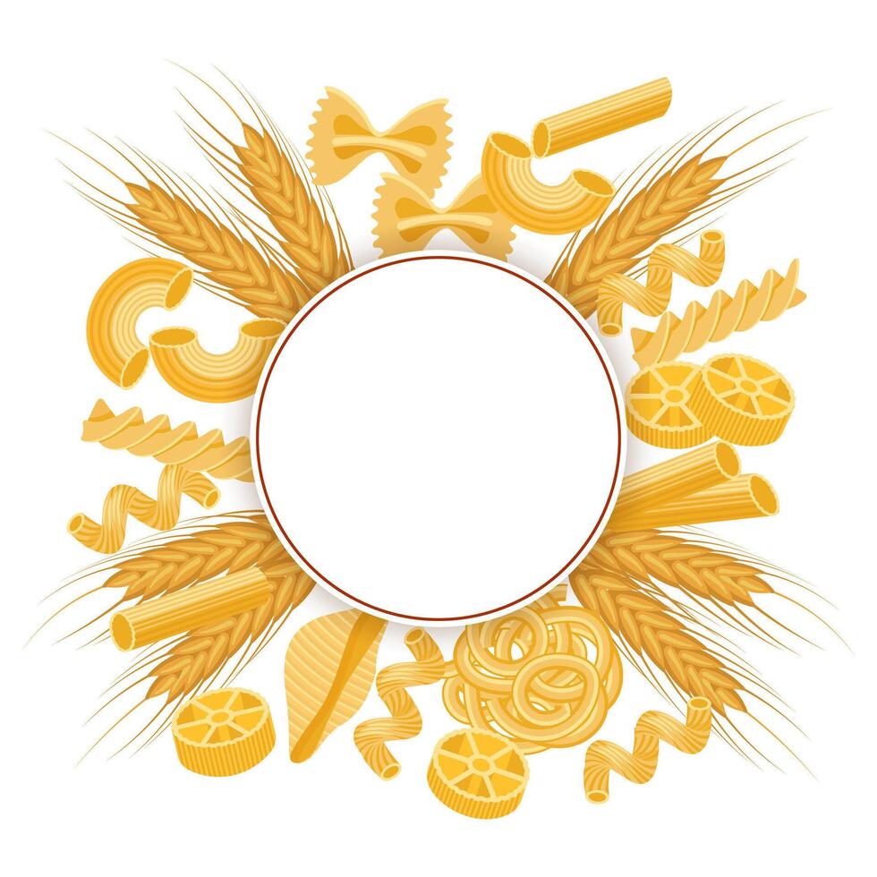 Round frame with different types of traditional pasta on white background. Italian pasta set, label, restaurant menu, background. Food illustration. vector
