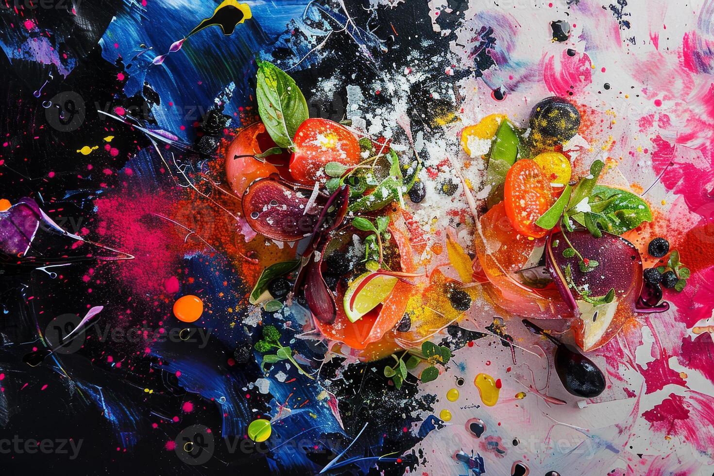 A colorful plate of food with a splash of paint on it photo