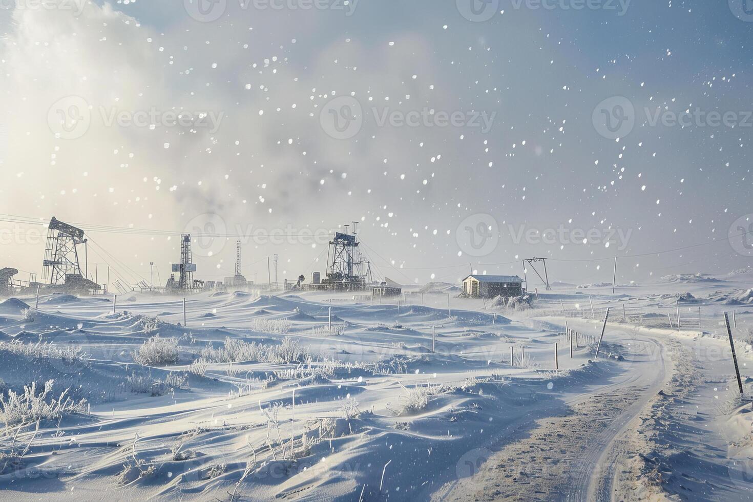 A snowy landscape with a few buildings and a road photo