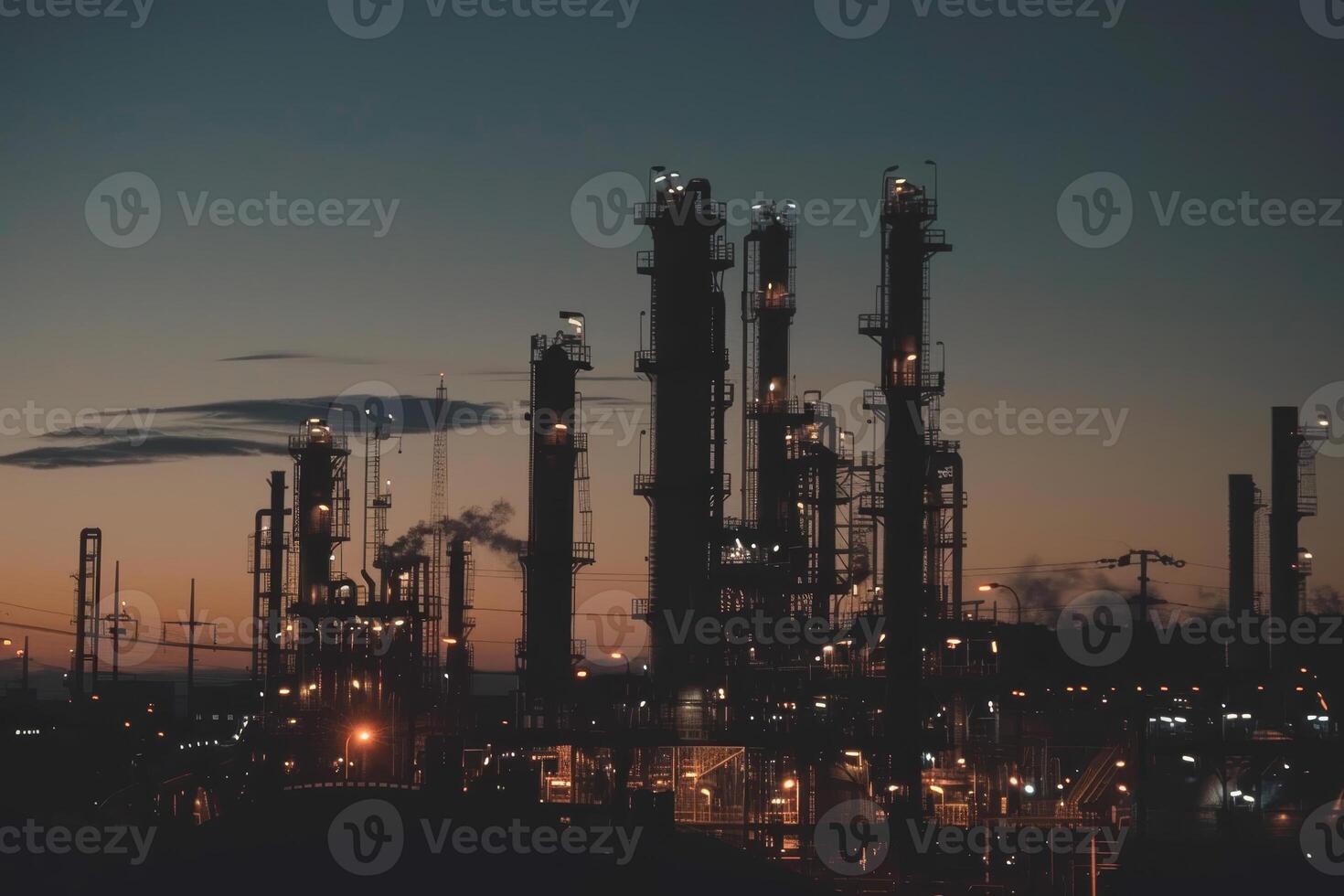 A large industrial complex with many tall buildings and a dark sky photo