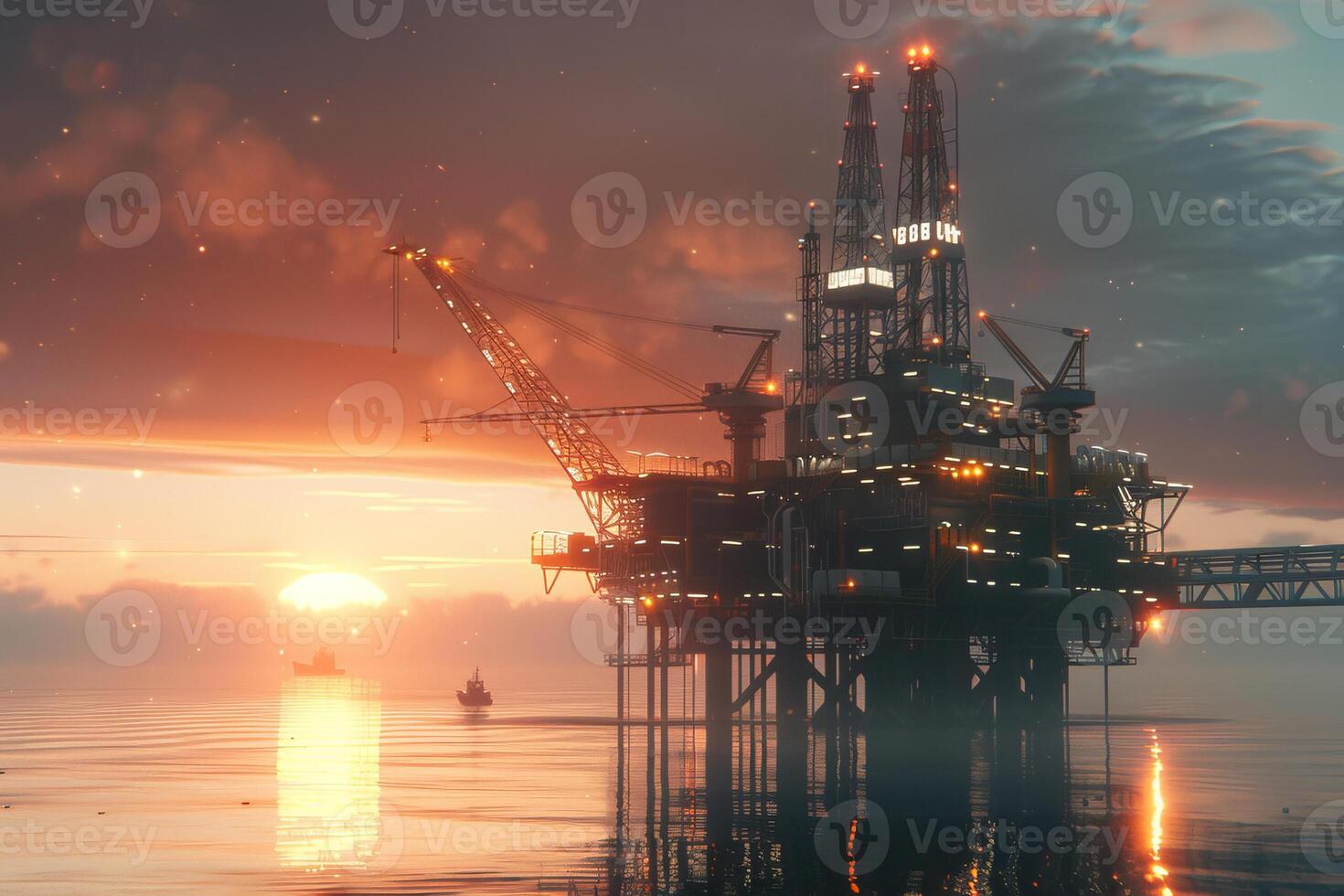 A large oil rig is in the water with a boat in the background photo
