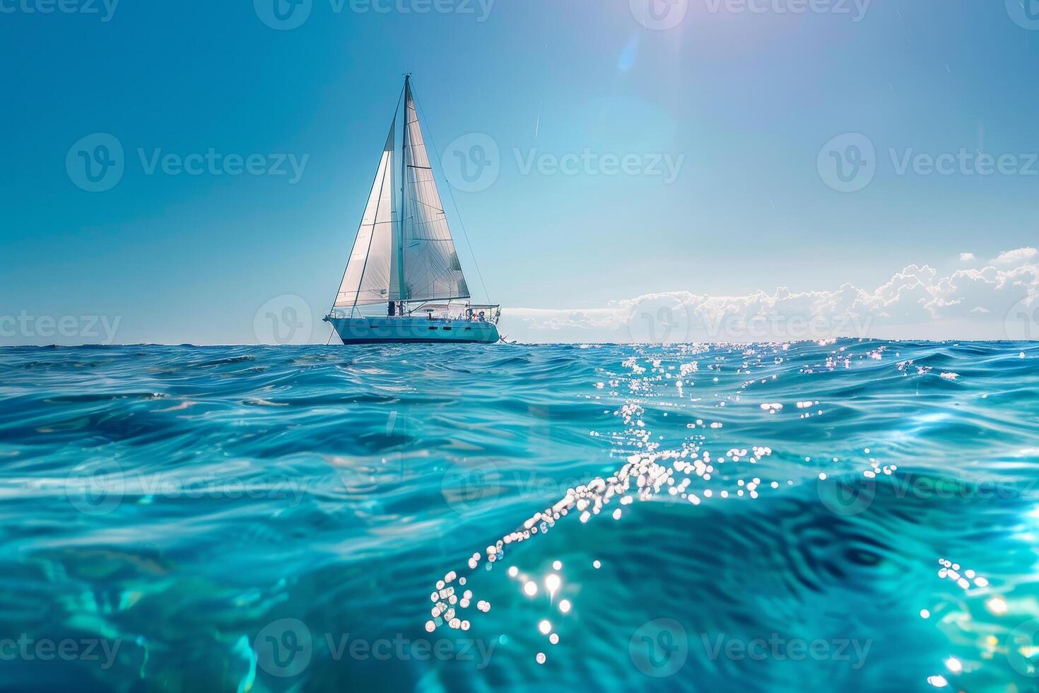 A sailboat in the ocean with the sun shining photo