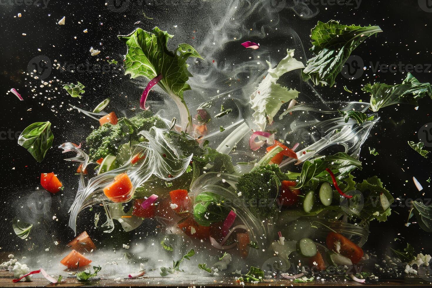 A salad is being tossed in the air, with pieces of broccoli, tomatoes photo
