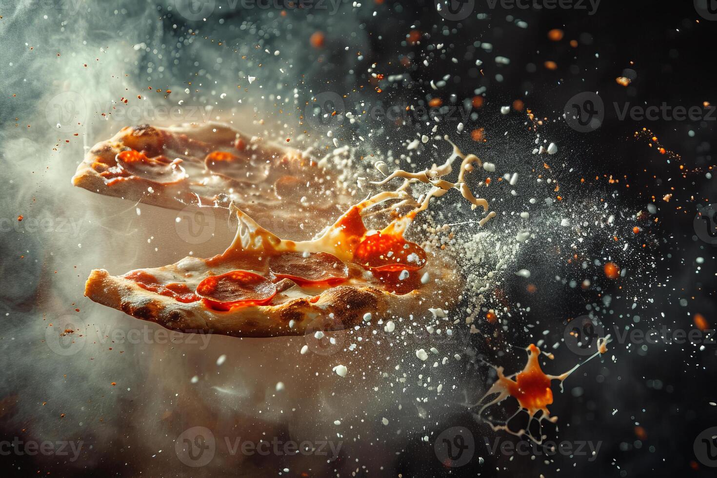A pizza is falling apart in the air, with cheese and pepperoni flying everywhere photo