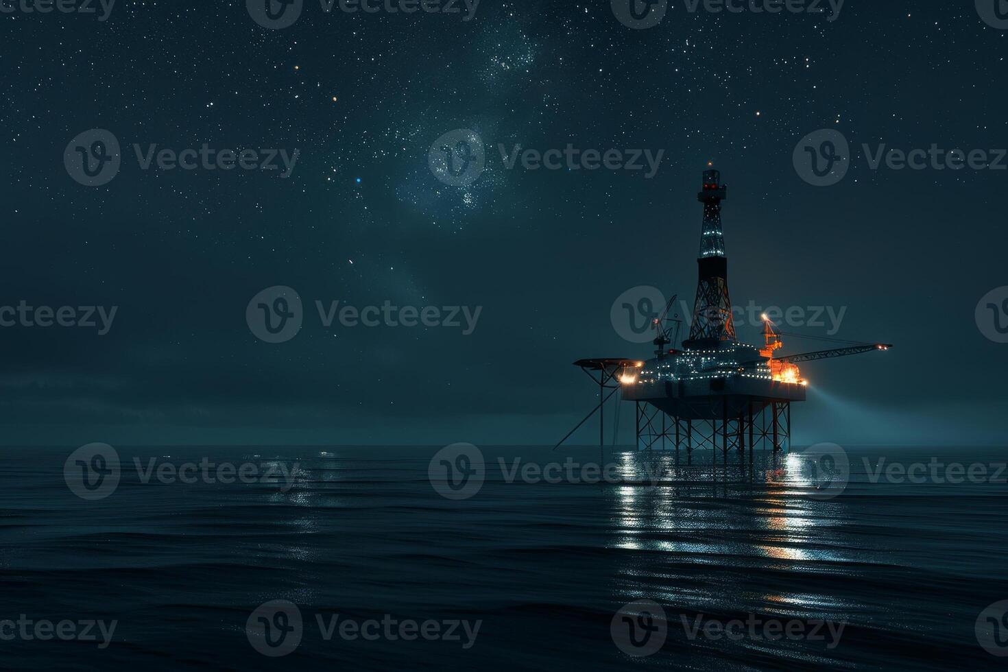 An oil rig in the ocean at night photo