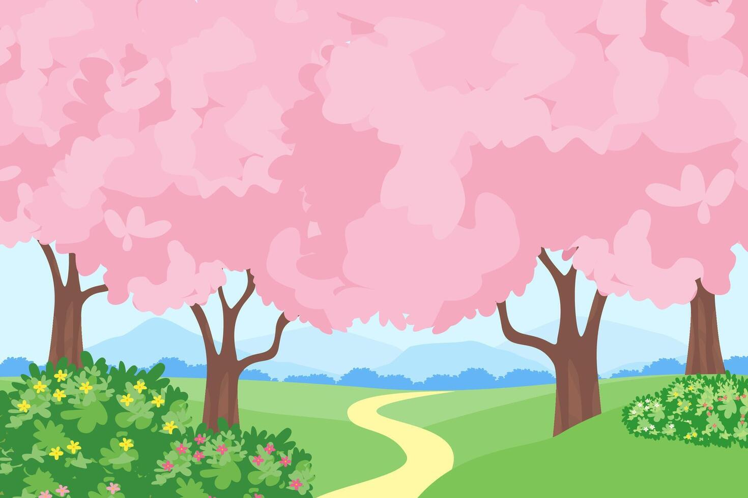 A illustration capturing the essence of spring with rolling hills and soft pink trees in full bloom. vector