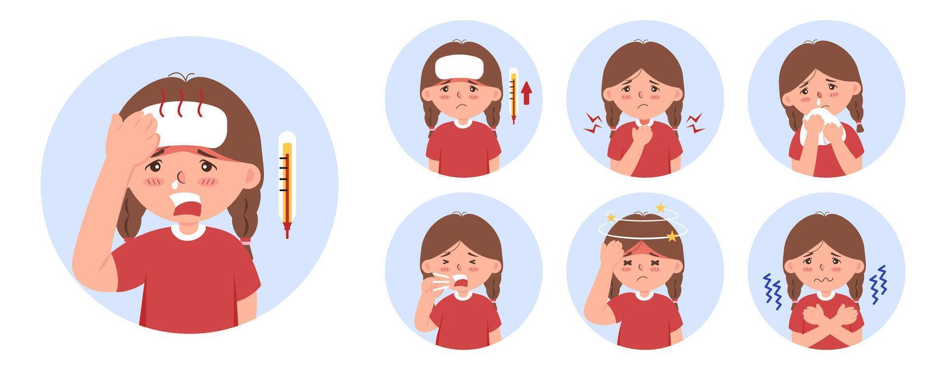 Illustration set girl character of illness symptoms includes fever, sore throat, runny nose, cough, headache, and chills, Flat isolated illustrations on a white background for medical content. vector