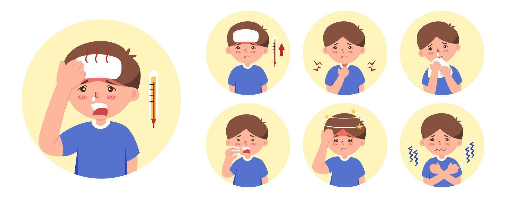 Illustration set of illness symptoms includes fever, sore throat, runny nose, cough, headache, and chills, Flat isolated illustrations on a white background for medical and wellness content. vector