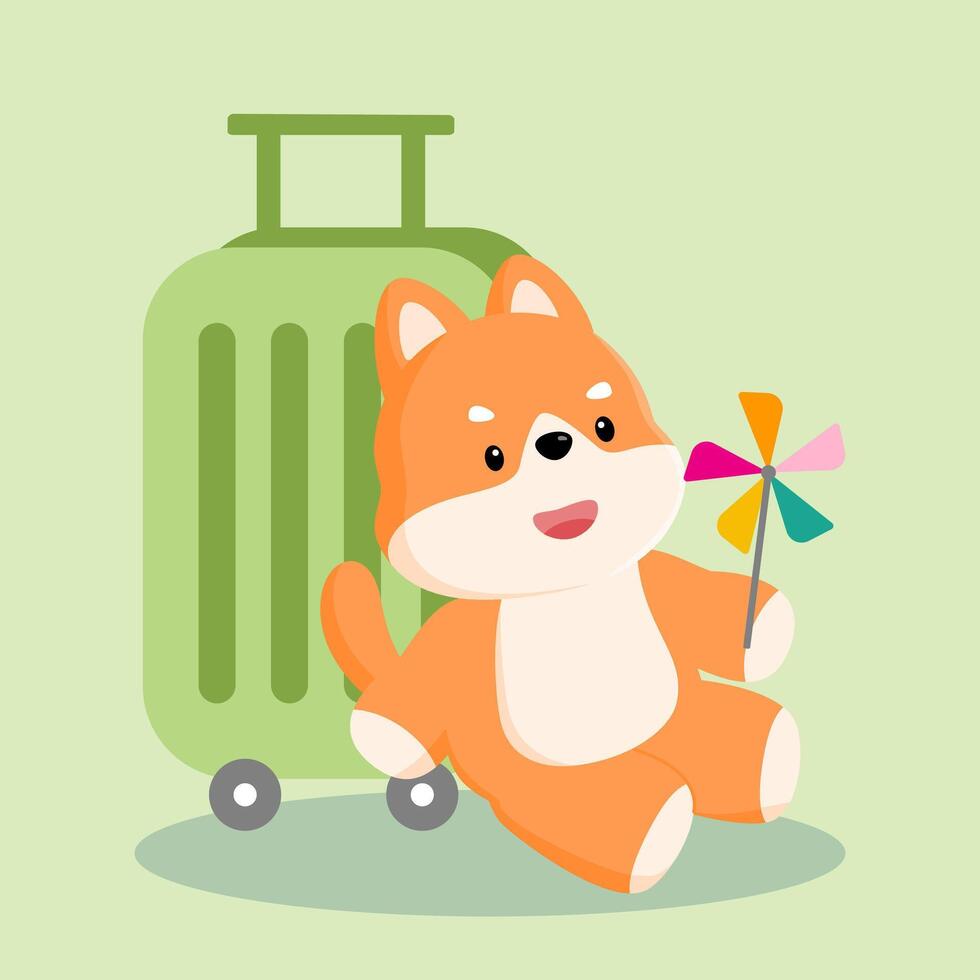 A Shiba Inu dog sitting next to a suitcase, holding a colorful windmill in its paws, creating a fun, vibrant travel vibe. vector