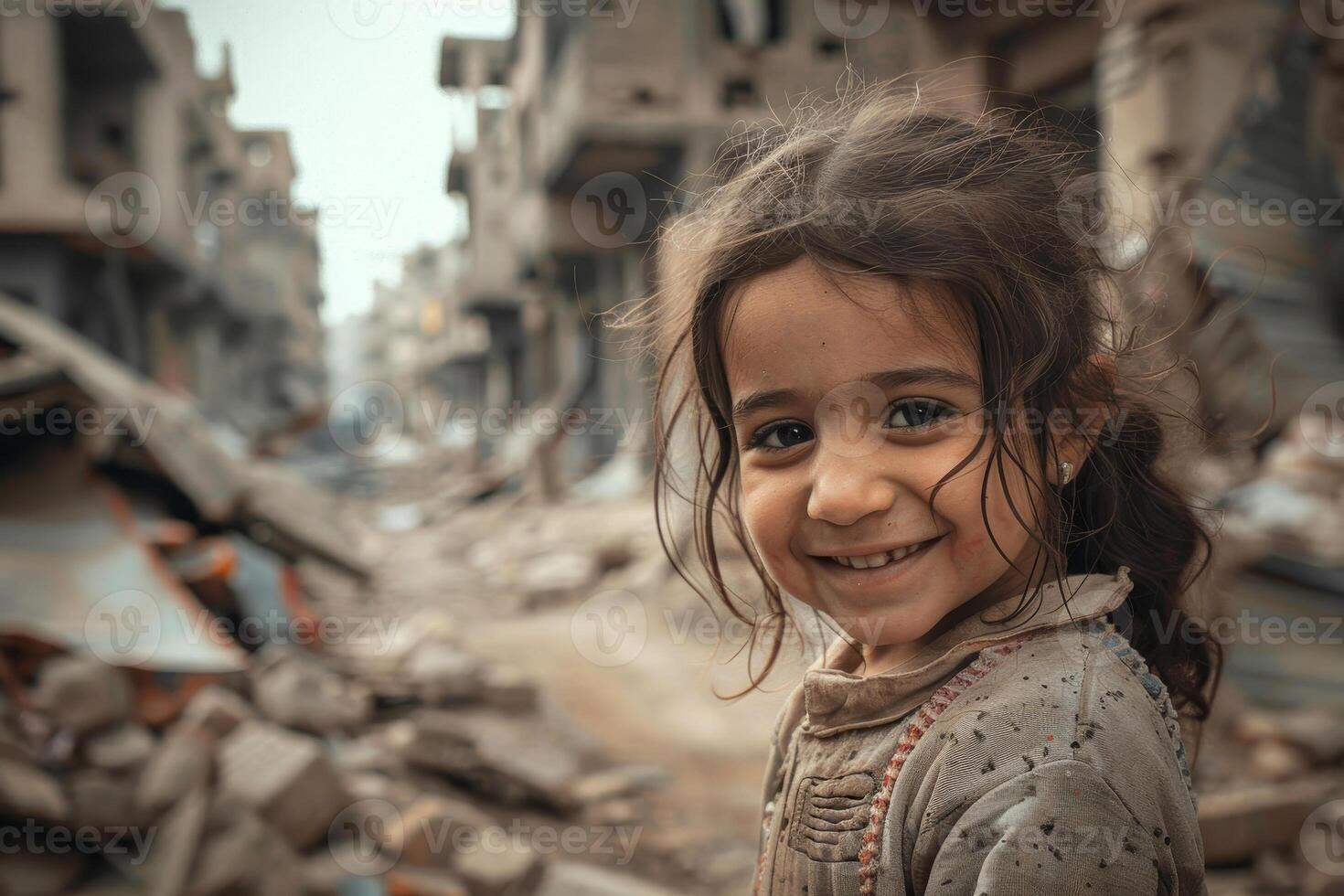 A young girl smiles in front of rubble in a destroyed city photo
